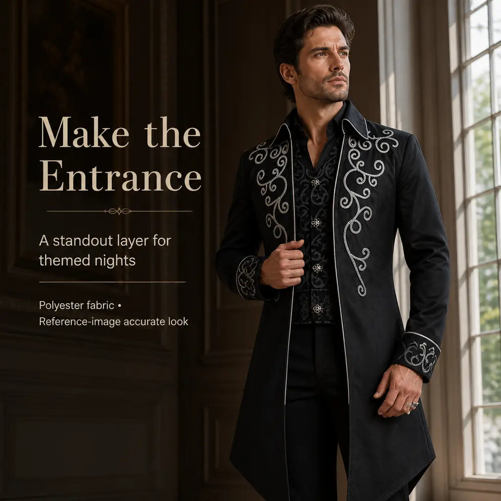 Adult Men Gothic Victorian Tailcoat Cosplay Costume, Polyester Embroidered Vintage Long Coat, Halloween Noble Vampire Themed Outfit for Party Stage Performance Photoshoot