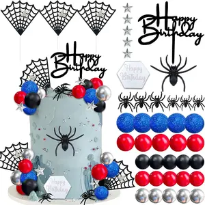 42 pcs Spider Cake Topper Balls – Cake Decorations with Spider Webs, Black/Red/Silver Glitter/Blue Balls, for Boys, Men, Baby Shower & Birthday Party Supplies