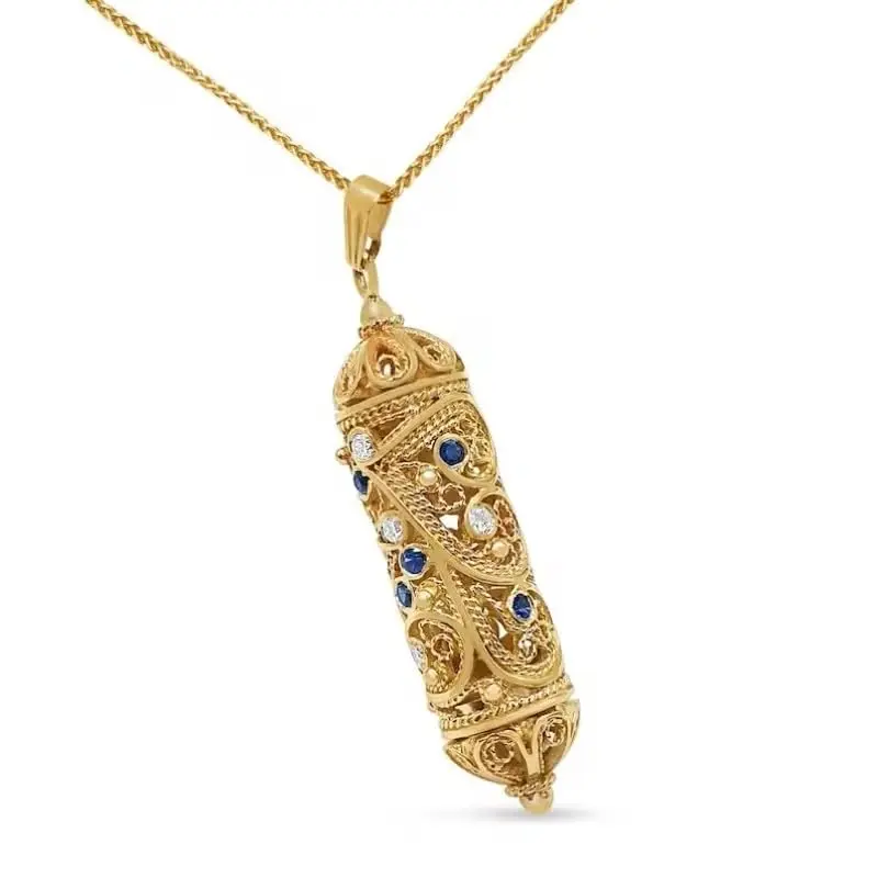 My Daily Styles Gold-Tone Plated Mezuzah Pendant Necklace - Vintage-Inspired Jewish Judaica Costume Jewelry, Blue & White CZ Stones, Scrollwork, Filigree, Crystal, Artistic, Ceremonial, Chain Accents, Collectible Necklaces for Jewish Holidays, Crystal Nec