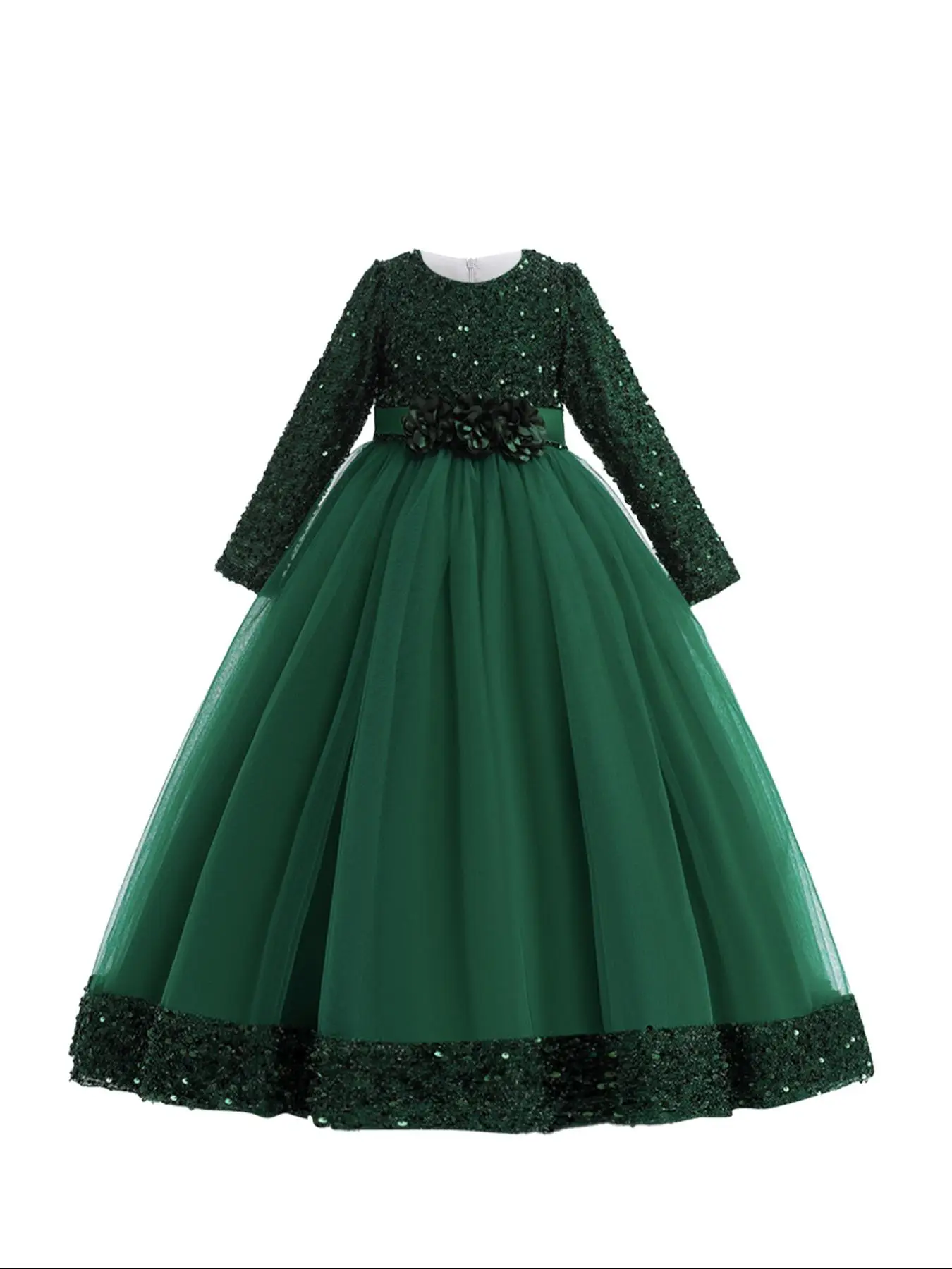 Girl's 3d Flower Decor Contrast Sequin Bow Back Tulle Fit & Flare Dress, Elegant Zipper Back Long Sleeve Satin Dress for Party, Kids Clothes All Seaso