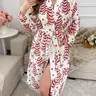 Women's Autumn/Winter Long Robe, Loungewear with Long Sleeves, Red and Green Star Polka Dots and Christmas Tree Print - Soft, Comfortable, Warm, Featuring Side Pockets and Adjustable Belt, Perfect for Casual Wear, Home, Sleeping