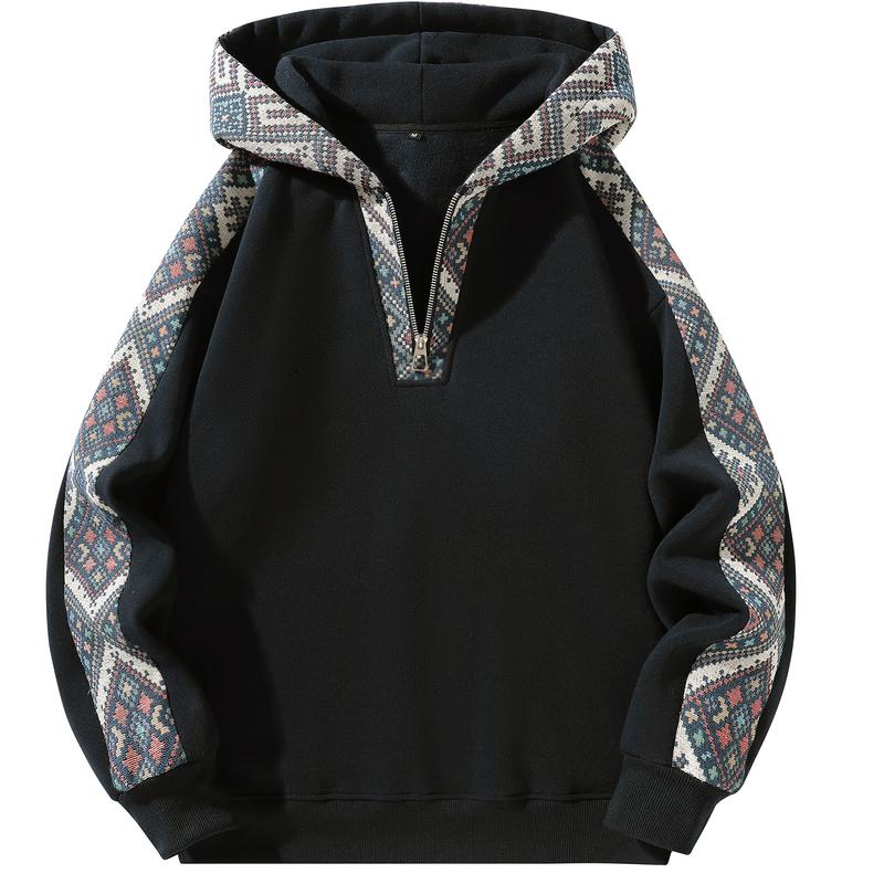 Men's Ethnic Pattern Color Block Hoodie Long Sleeve Quarter Zip Pullover Sweatshirt for Casual Wear emo outfits Grey Stylish Menswear