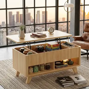 47.2" Mid Century Modern Lift Top Coffee Table, Natural Oak Wood, Fluted Center Design, Hidden Storage, Irregular Shape, For Living Room/Office/Home Decor