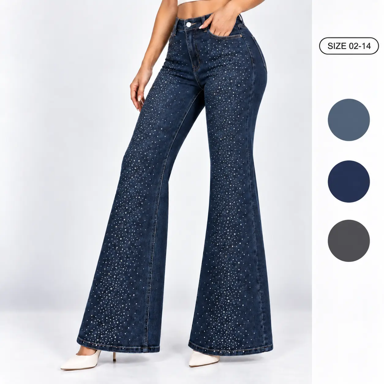 Imily Bela Women's Sparkling Hotfix Rhinestone Wide Leg Jeans, High Waist Loose Stretch Denim Pants, Fashion Casual Flared Trousers with Pockets