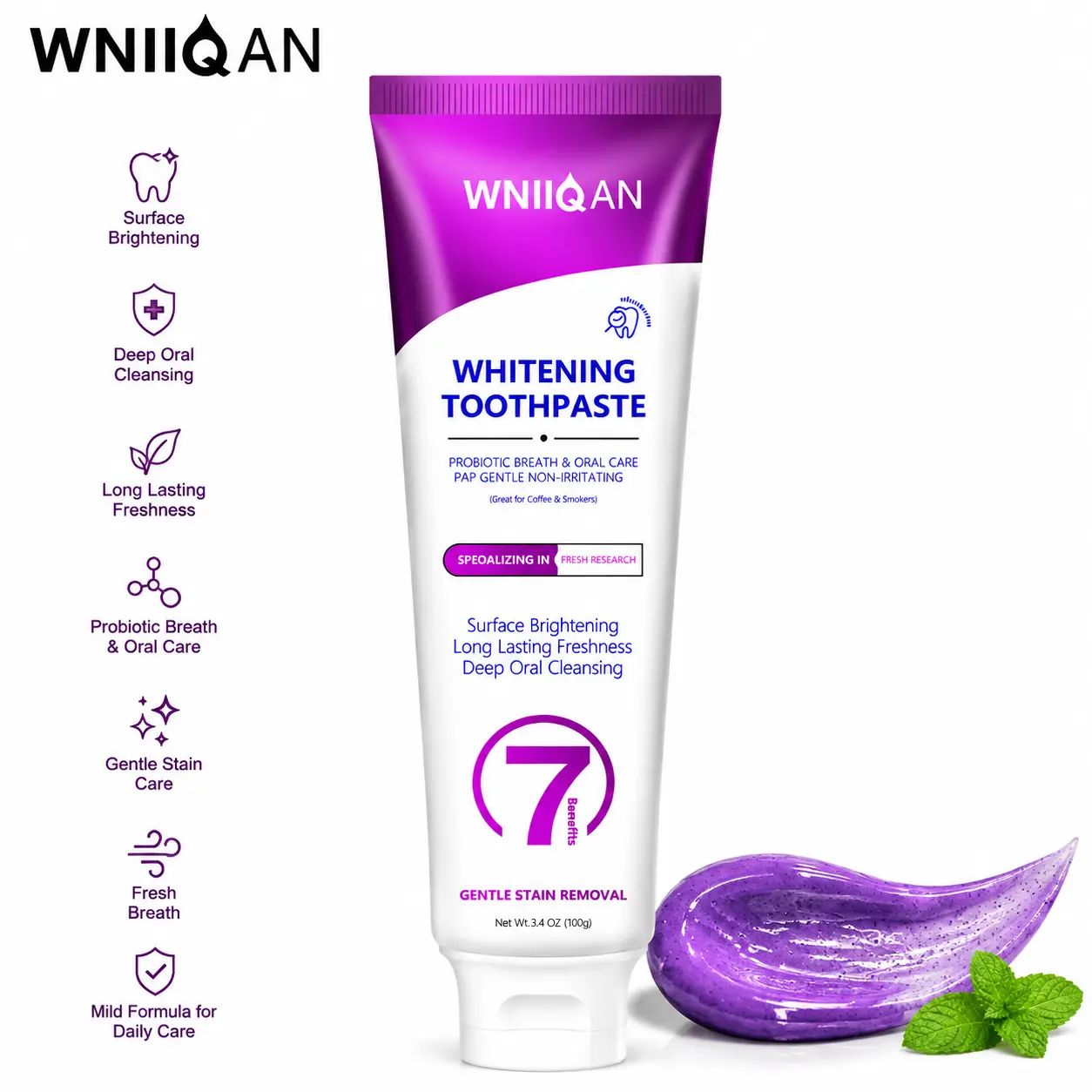 WNIIQAN Purple Whitening Toothpaste, Premium Oral Care Toothpaste, Probiotic Fresh Breath Formula, Gentle Daily Toothpaste for Adults