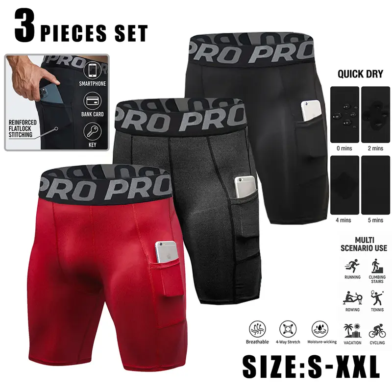 Men's 3-Pack Active Fitted Tight Compression Sports Shorts - Quick Dry Polyester Blend, Pocketed, High Stretch, Mid-Thigh Length, Breathable, Core & Fitness Support, for Summer Gym, Running Workouts