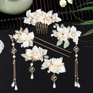 5PCS Camellia Flower Tassels Hairpin, Crystal Rhinestone Pearl Hair Clips Headpiece Retro Chinese Hanfu Wedding Brides Hair Accessories Korean Jewelry for Women Girls Updo Long Hair