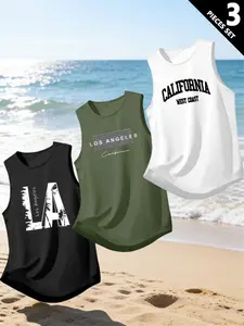 Men's Summer California Beach Style Sleeveless Vest Set, Classic Round Neck, Loose Fit, Breathable, Perfect for Hot Weather
