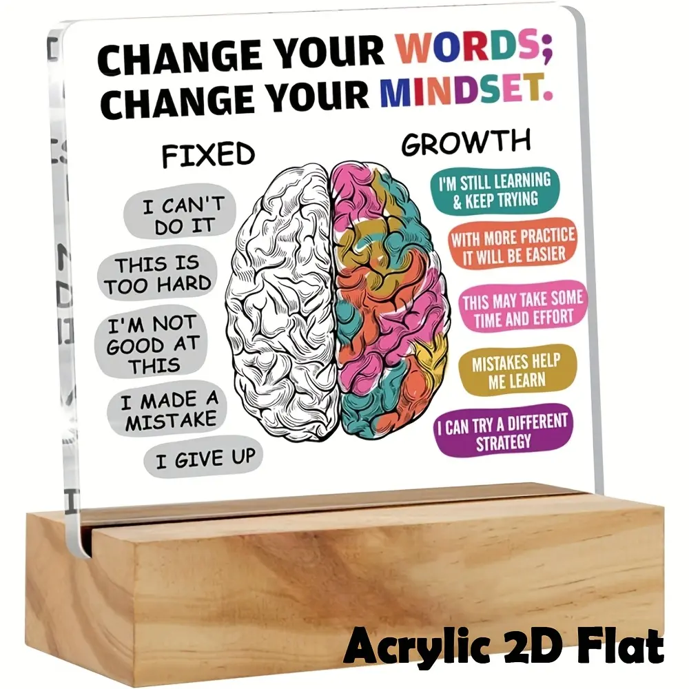 Acrylic 2D Flat 1pc Encouragement Growth Mindset Desk Plaque Sign with Wood Stand Positive Gift for Home Office Decor and Keepsake