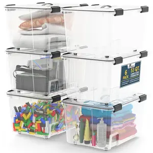 Lifemaster Stackable Storage Box Set - 6 Pieces 53 Quarts Multi-purpose, Space-Efficient Stackable Storage Boxes with Nestable Design, Secure Latches, Easy-Move Wheels & Pull-Out Base - Clear