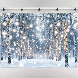 Enchanted Winter Wonderland Party Banner Luminous Forest Snow Scene Photography Backdrop Durable Polyester Ideal for Christmas New Year Winter Holiday Decor Multipurpose Room Carnival Theme