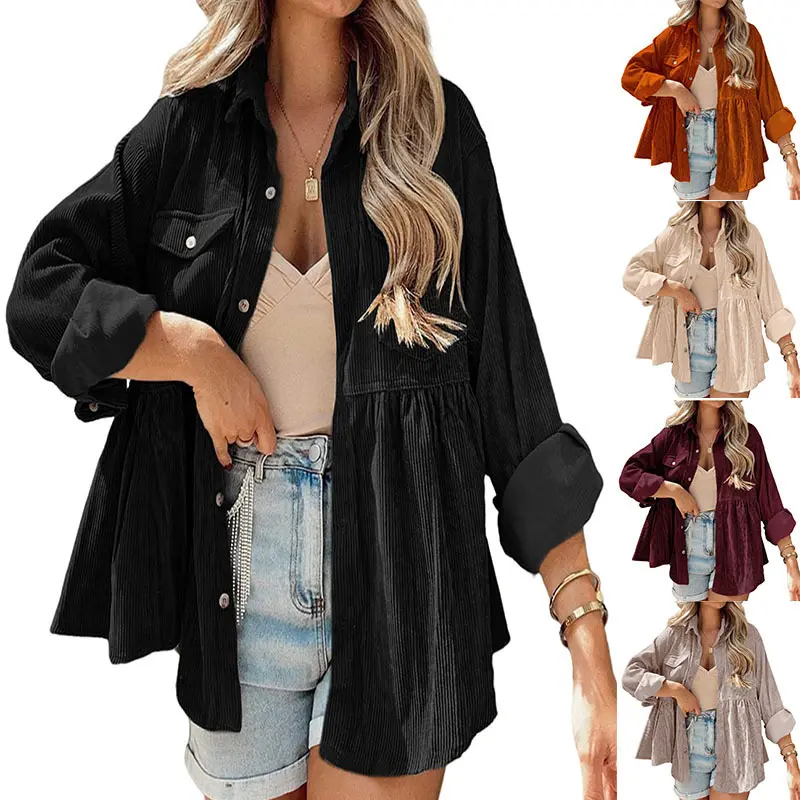 Women's Fashion Oversized Corduroy Peplum Shacket Coat - Longsleeve Button-Down, V-Neck, Lapel, 2 Bust Pockets, Lightweight Loose-Fit, Holiday Wear, Sleeveless Layer Option, Casual Crop Top Blouse Tunic, Longsleeves