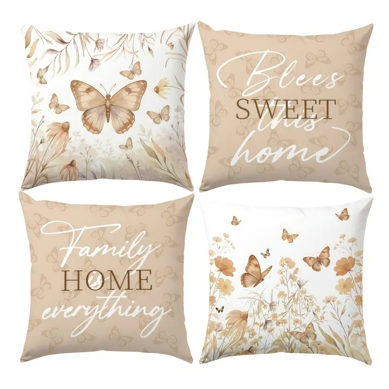 4pcs-Spring Throw Pillow Covers, Butterfly and Wildflower Pattern Design, Home Décor Products, Room Cozy Accessories, Suitable Spring Living Room, Bedroom, Sofa and Bed Decoration, 2D Flat, Single Sided Printing, No Pillow Core