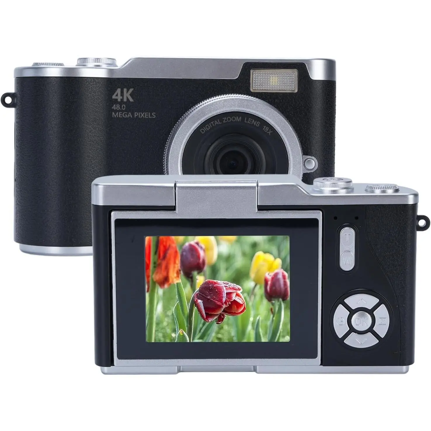 48MP Digital Camera for Photography, 18X Zoom Vlogging Camera with 2.4 Inch Flip Screen, 1080P Point and Shoot Camera for Teens, Selfie Cam with Flash and Long Battery, Blac