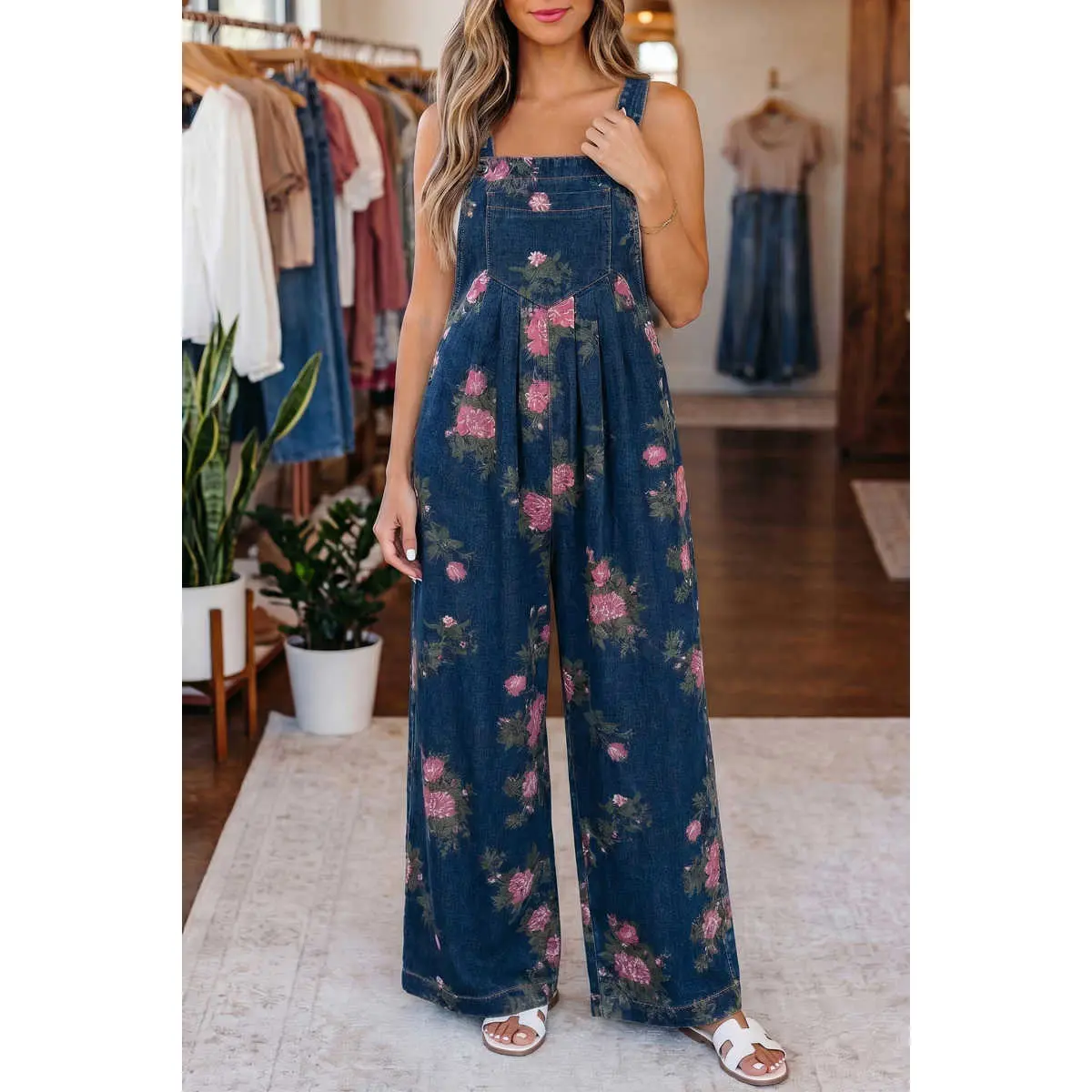 Women's Flower Print Denim Jumpsuits - Pleated High-Waist Wide-Leg Overalls with Adjustable Straps, Breathable Polyester-Cotton Blend, Cute, Jumpsuits For Women