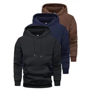 Men's 3-Pack Casual Pullover Hoodies with Kangaroo Pocket, 100% Polyester Solid Color Hooded Sweatshirts with Slight Stretch, Long Sleeve Knit Sweatshirts Perfect for Outdoor Running & Jogging