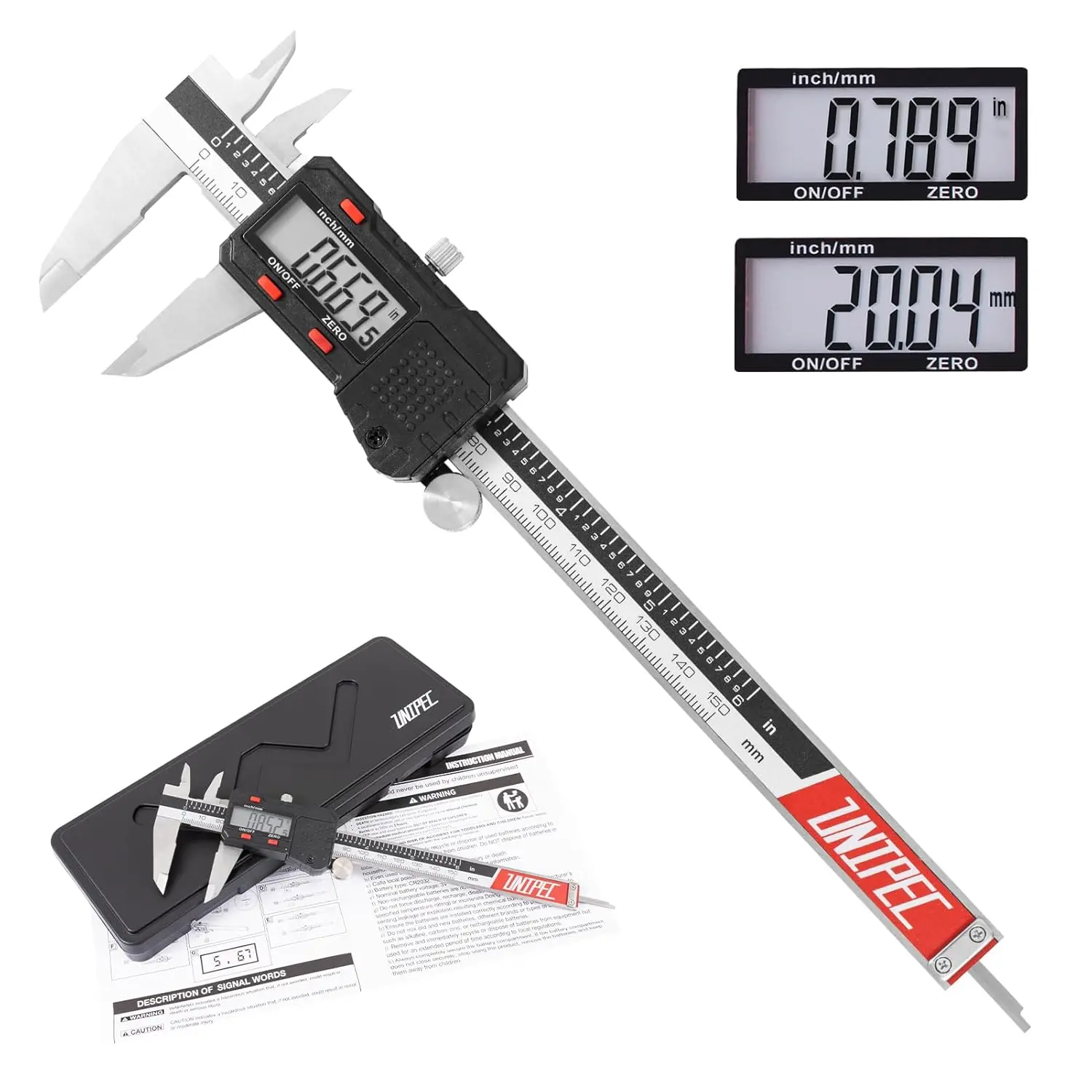 Caliper 6 inch, Stainless Steel Vernier Micrometer Measuring Tool with Large LCD Display, Easy Inch/Metric Conversion, Precision Gauge for Machinists, Woodworking & DIY