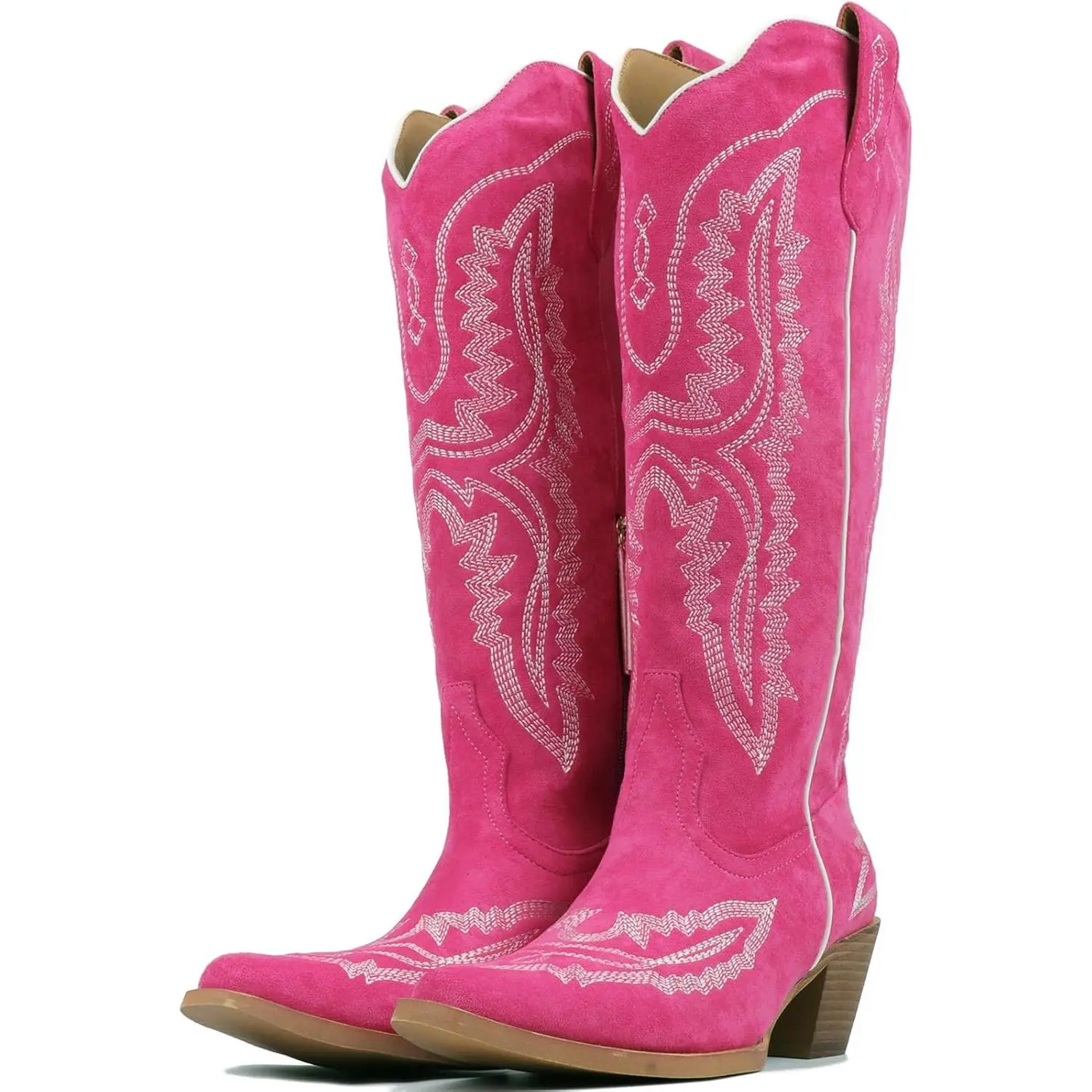 Retro Western Boots for Women, Hot Pink Faux Suede Knee-Highs with a Pointed Toe & Chunky Heel for Western Elegance, Casual, Alternative Style, Alt Girls, Block Heel, Country Girl Aesthetic, Tall, Footwear, Stylish, Design
