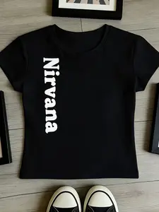 Nirvana Vertical Text Graphic T-Shirt, Cool Rock Band Print Short Sleeve Tee, TikTok Viral Grunge Style Streetwear Casual Tops, Trendy Music Fan Outfit for Spring Summer, Daily Graphic Shirt