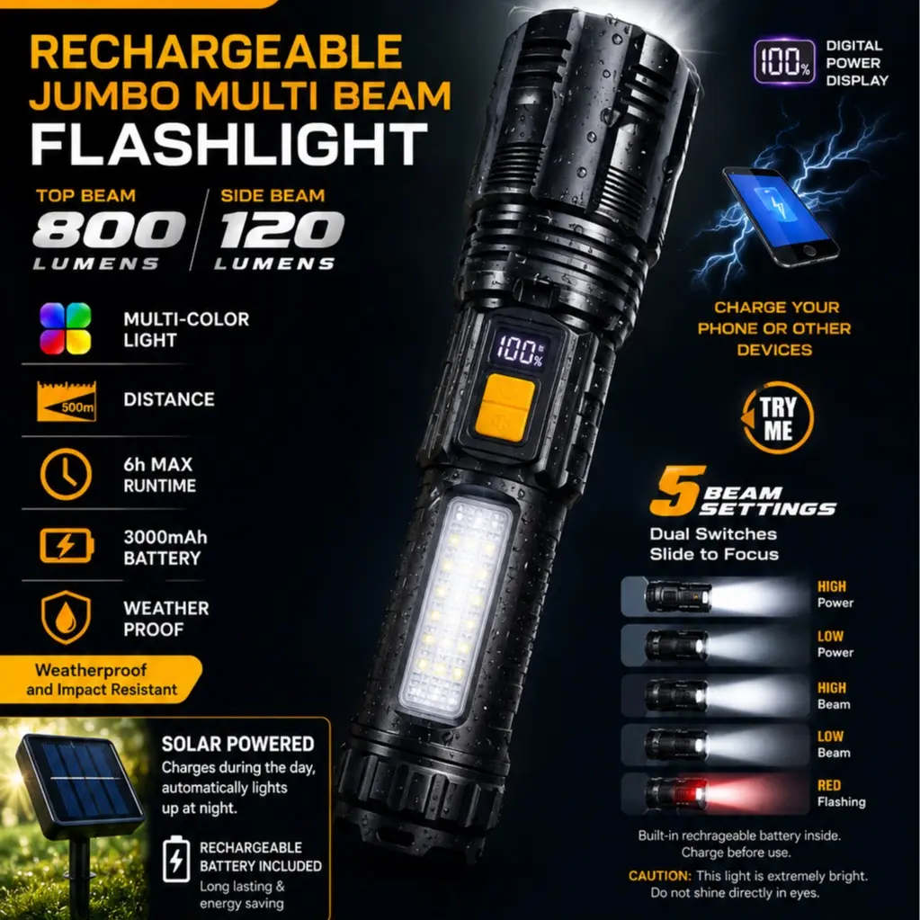 $99.99 MSRP Farpoint Rechargeable Jumbo Multi-Beam Flashlight | 800 Lumens • 5 Light Modes •