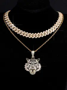 3pcs Cool Charm Tiger Head Pendant Necklace Set, Hip Hop Sparkling Jewelry for Men Women, Daily Wear Stacked Cuban Chain, Cuban Link Necklace