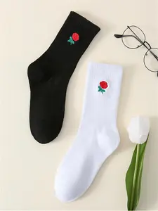 Women's Rose Embroidery Ankle Socks, Floral, Comfortable, Fitted & Stylish Design, Perfect for Daily Wear, Soft Fabric Material, All Seasons Use