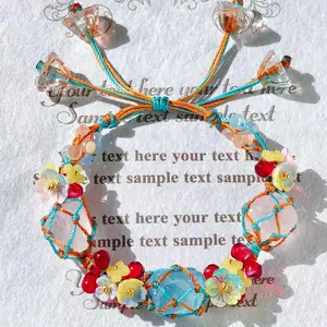 Hand-woven Bohemian Adjustable Crystal Garnet Colorful Floral Design Bracelet - Synthetic Fiber Rope Jewelry for Daily Wear, Parties, Music Festivals, Valentine's Day and Earth Day Gifts, Cute Bracelet