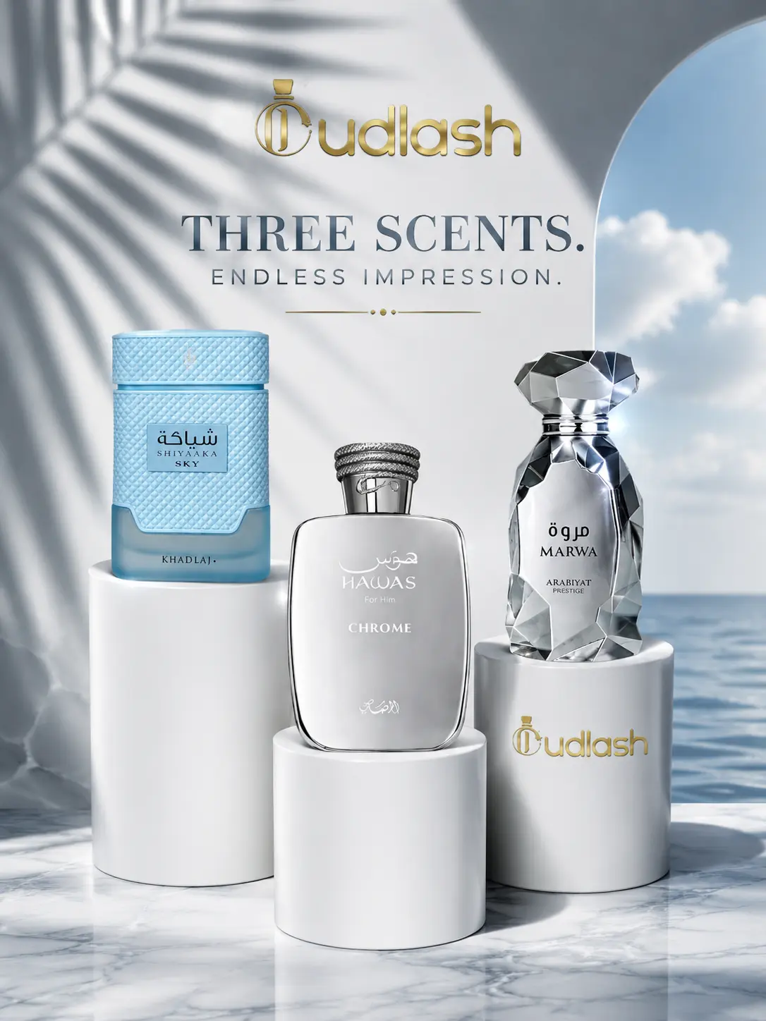 Oudlash Bundle | Shiyaaka Sky + Hawas Chrome + Arabiyat Marwa | Unisex Fragrance | 100 ML - 3.4 OZ | Eau De Parfum | Verbena, Bergamot, Mandarin