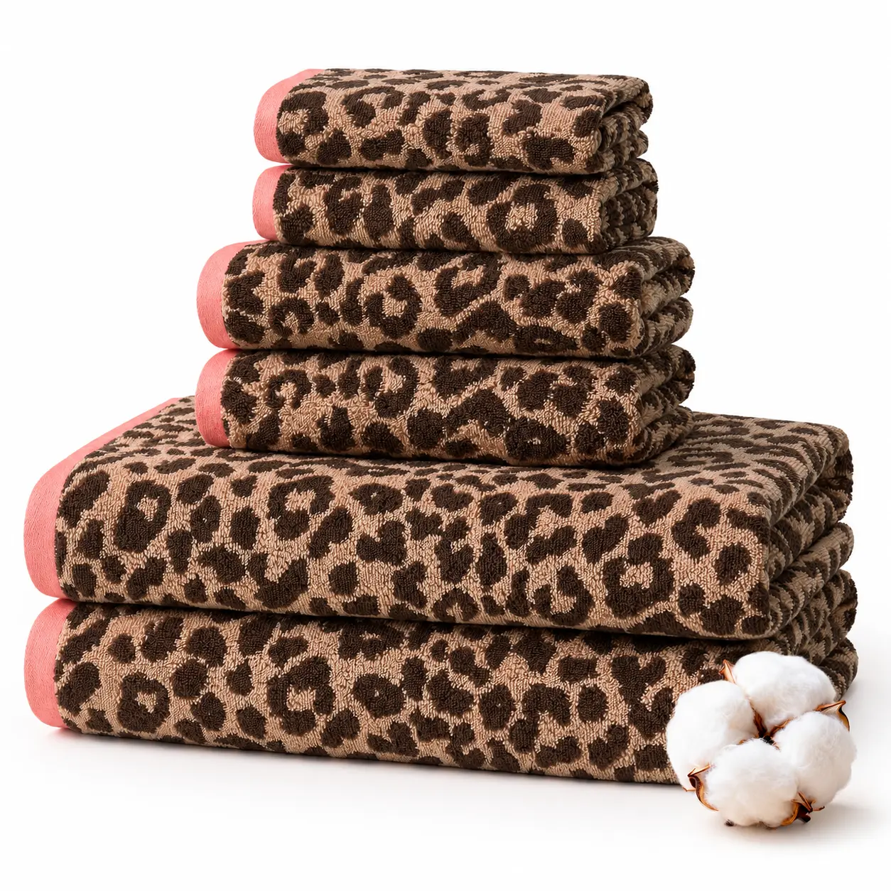 REDKISS Leopard Pattern 100% Cotton 6-Piece Towel Set for Bathroom Home Decor, Quick Dry Absorbent Durable, Bath/Hand Towels & Washcloths (Dark Brown), Towel Sets For Bathroom