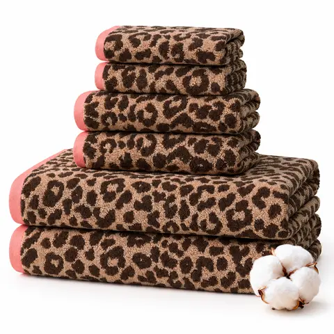 REDKISS Leopard Pattern 100% Cotton 6-Piece Towel Set for Bathroom Home Decor, Quick Dry Absorbent Durable, Bath/Hand Towels & Washcloths (Dark Brown), Towel Sets For Bathroom