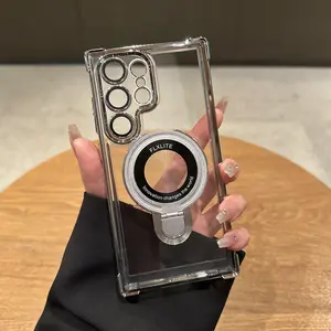 FLXLITE Protective Plated Clear Bracket Magnetic Phone for Samsung Galaxy S25,S24,S23,S22 Ultra Cover with Kickstand Four Corners Accessories Handheld Protector Screen Protector Shockproof for Samsung Galaxy S22 S23 S24 S25 Plus Protection Cases Cellphone