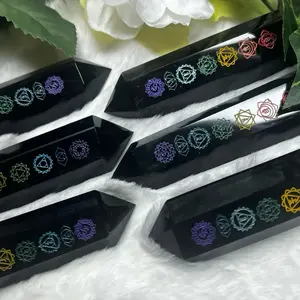 Black Obsidian 7 Chakra Crystal Tower - Colorful Chakra Symbols Design for Your Collection