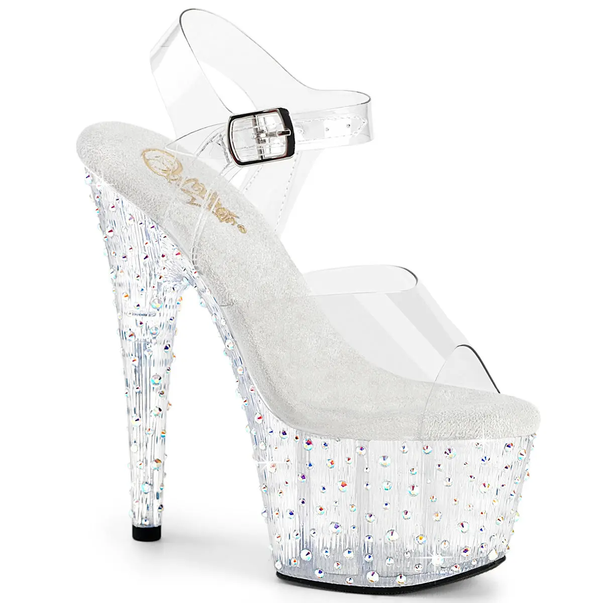 Pleaser Stardance-708 Women's Platform High Heels - Women's Fashion Footwear with Ankle Strap, 2 3/4" (70mm) Platform, 7" (178mm) Heel, Clear/Multicolor Decorative Rhinestones, Stylish, 7" Heel