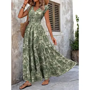 New Year and Summer Vacation Women's Printed Patchwork Short Sleeve V-neck Long Dress, Suitable for Evening Mist
