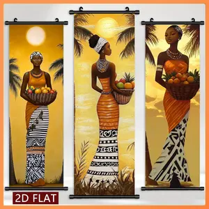 3-Piece African Culture HD Print Plastic Scroll Printings, Traditional Patterns & Tropical Elements Wall Canvas, Living Room Bedroom Decor