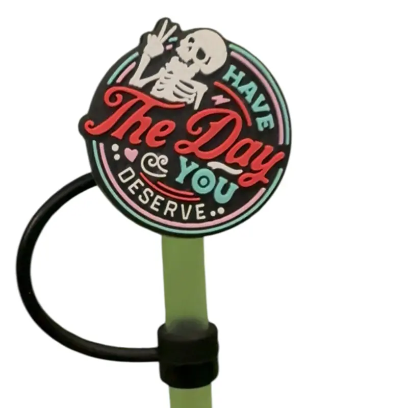 Silicone Skeleton Design Straw Topper - Kitchenware Drinkware Accessory with Inspirational "Have The Day You Deserve" Message for Beverage Enhancement, Silicone Straw Topper