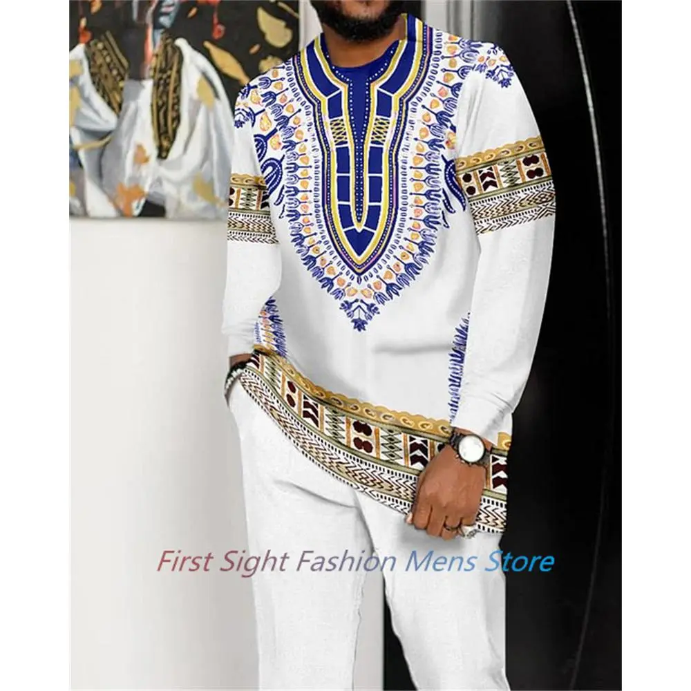 2026 Trendy African Men's 2-Piece Outfit Set | Striped Long Sleeve -Shirt & Matching Pants Loose Fit Traditional Ethnic Style Cultural Festival Party Wear, EverydayEssential, ModernStyle, CasualStyle, NewCollection go to