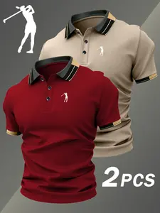 Two-Pack Hh2428 Golf Logo Print Men's Polo Shirts, Elastic Casual Breathable All-Season Comfortable Durable High-End Polo Tops