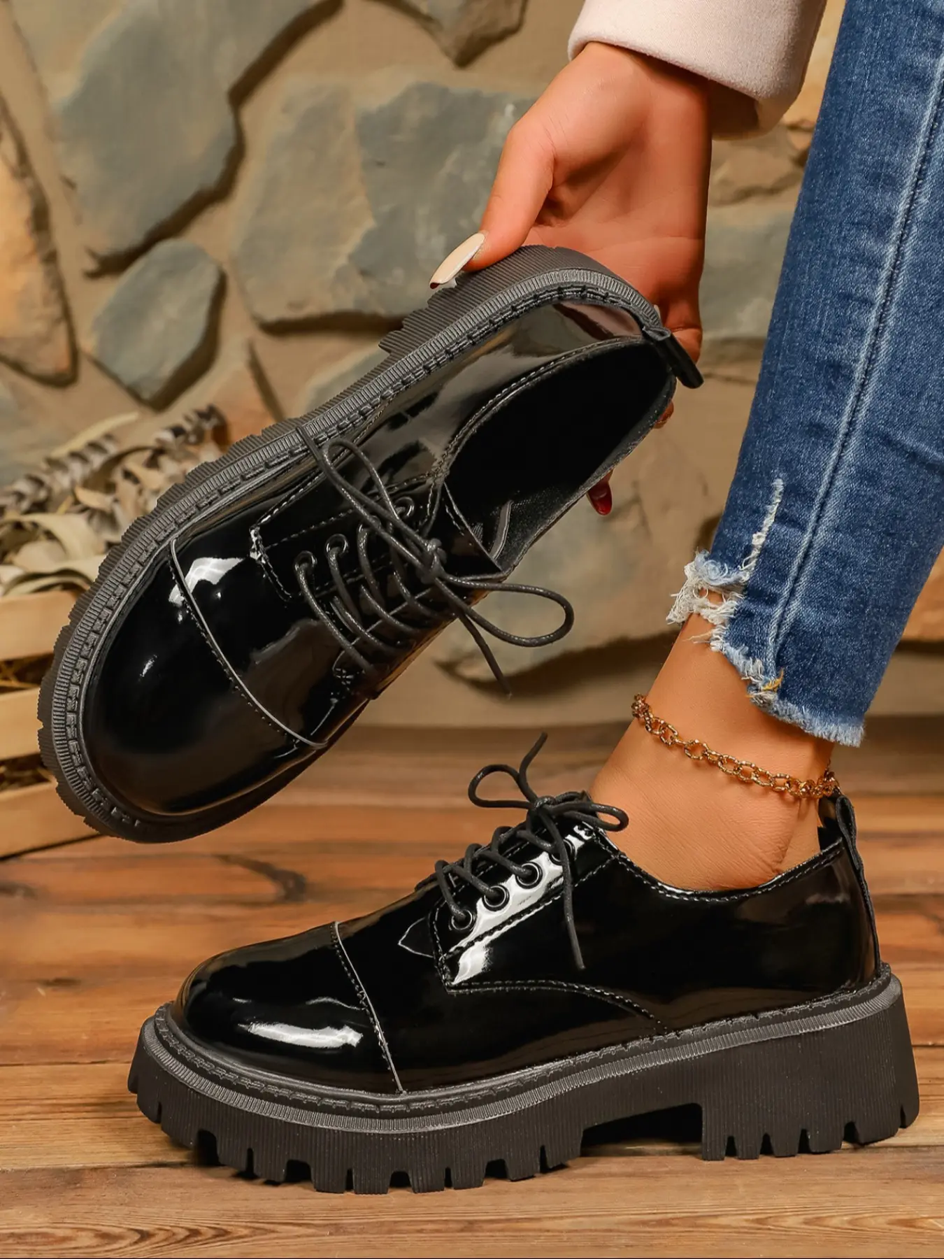 Patent Leather Chunky Platform Oxford Shoes, Lace-Up Design, Vintage  British Style, Glossy Material, Height Increase, Casual Denim Wear - TikTok  Shop