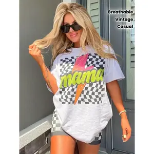Womens Oversized Graphic Tee Mama Lightning Bolt Checkered Print Vintage Wash Crewneck Short Sleeve Casual Loose Fit Summer Streetwear Top