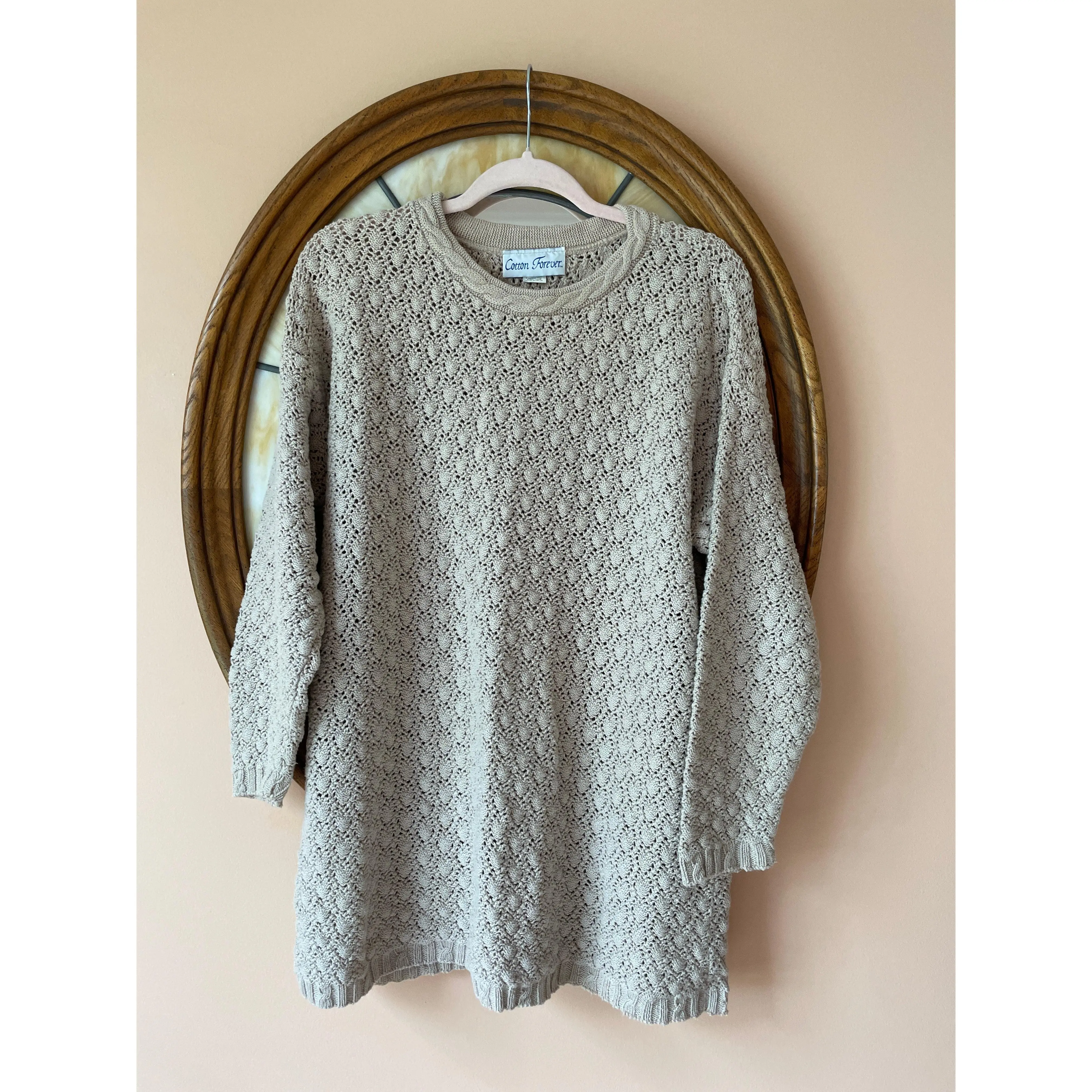 Beige Cotton Knit Long Sleeve Pullover Sweater