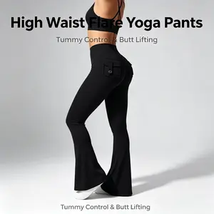 QQ High Waist Flare Yoga Pants with Cargo Pockets - Tummy Control, Butt Lifting, Non-See-Through Bootcut Leggings for Workout, Casual & Daily Wear, 4 Colors (Brown/black/Blue/Hot Pink),Plus Size Friendly