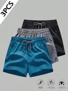 Men’s Quick-Dry Breathable Sports Shorts, Lake Blue + Light Gray + Black, Zip Pocket Casual Three-Piece Set