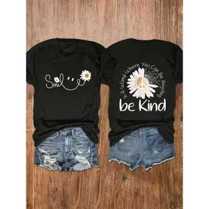 Summer Casual Women's T-Shirt with Round Neck, Regular Fit, "Smile" and "Be Kind" Flower Print Designs