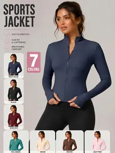 Women's Stand Collar Full Zip Athletic Jacket, Solid Color Slim Fit Soft Breathable Yoga Coat with Thumb Holes for Gym Pilates Running Daily Casual Wear