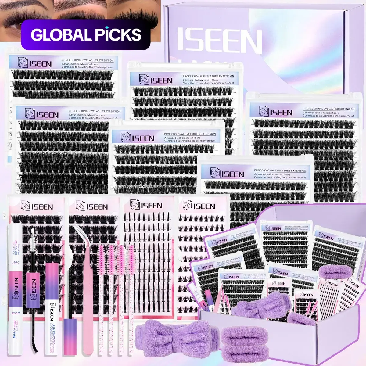 6 Styles Lash Clusters Kit, DIY Eyelash Extensions, 60D, 80D, 100D, Bottom & Spiky Styles, Mixed Style Lashes, Self-Application Kit with Tweezers, Glue, Remover & Hairband, Professional Eye Makeup for Women #GLOBAL PICKS