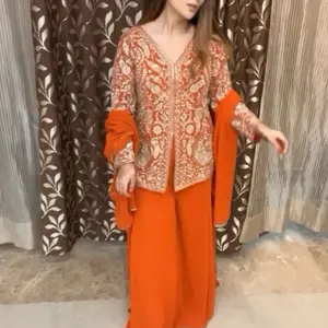 Indian Women's Chinnon Silk Plazo Set Wedding Suit - Orange Outfit with Long Sleeves and Matching Trousers - Dress, Womenswear