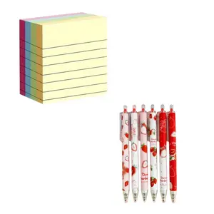 2 Piece Set 200 Sheets Soft Color Sticky Notes + 6 Strawberry Gel Pens, Durable Portable, Ideal for Students, Office, Home Organization