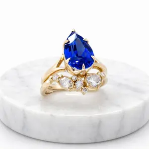 Gold Waterdrop Ring with Blue & White Stones – Elegant Round Stone Fashion Ring for Women, Party/Engagement/Wedding Jewelry, Unique Gift for Girlfriend/Wife