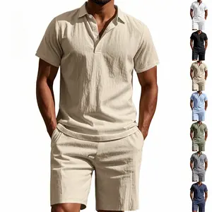Summer breathable polo set for men: half-button top + casual shorts with elastic waistband and drawstring, linen breathable vacation set #SummerVibes